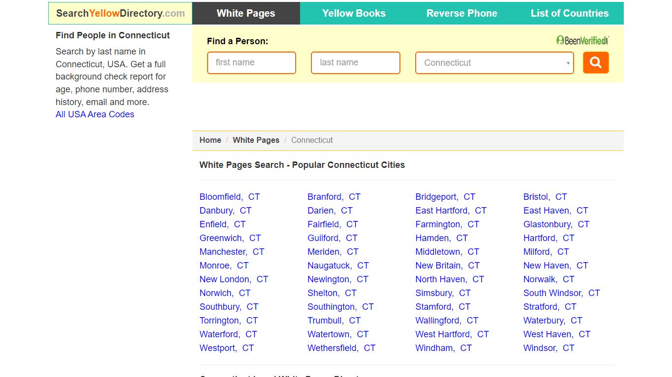 Connecticut White Pages Directory, Popular Cities